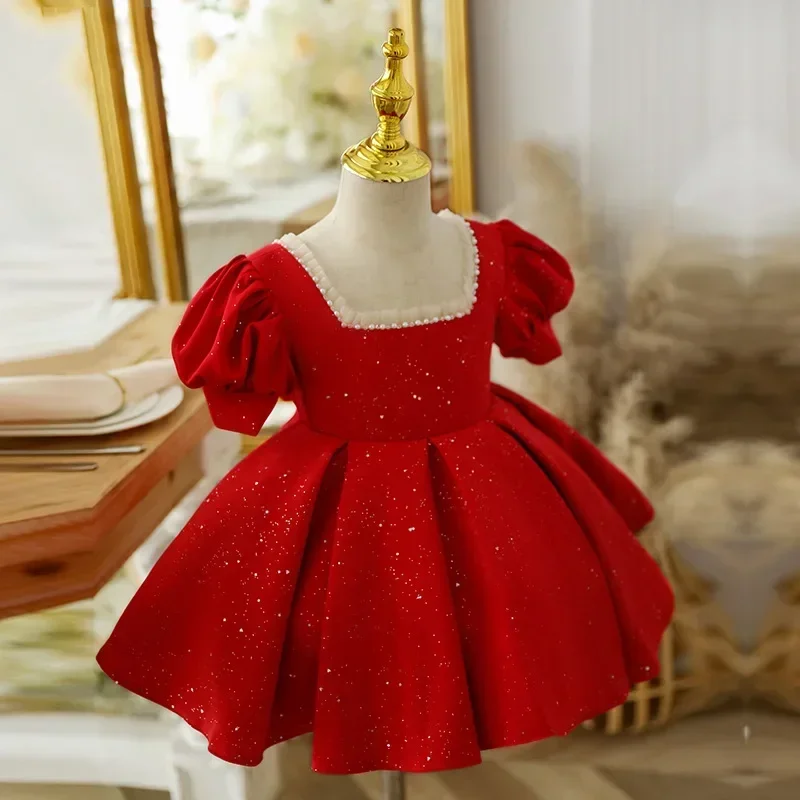 2024 Birthday Red Baptism Luxury Dress Lolita Sequin Ball Gown Newborn Infant Baby Girl Party Children Matching toddler dresses