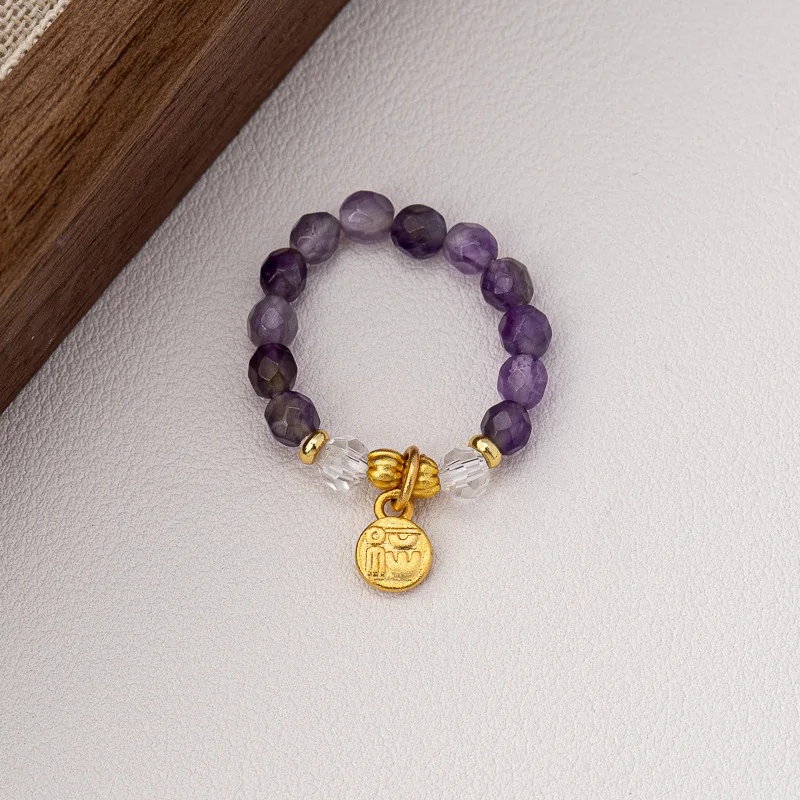 High-end Handmade Colorful Natural Stone Circle Ring Tassel Charms Ring, Good Luck, High-end Niche Ring Exquisite Hand Jewelry