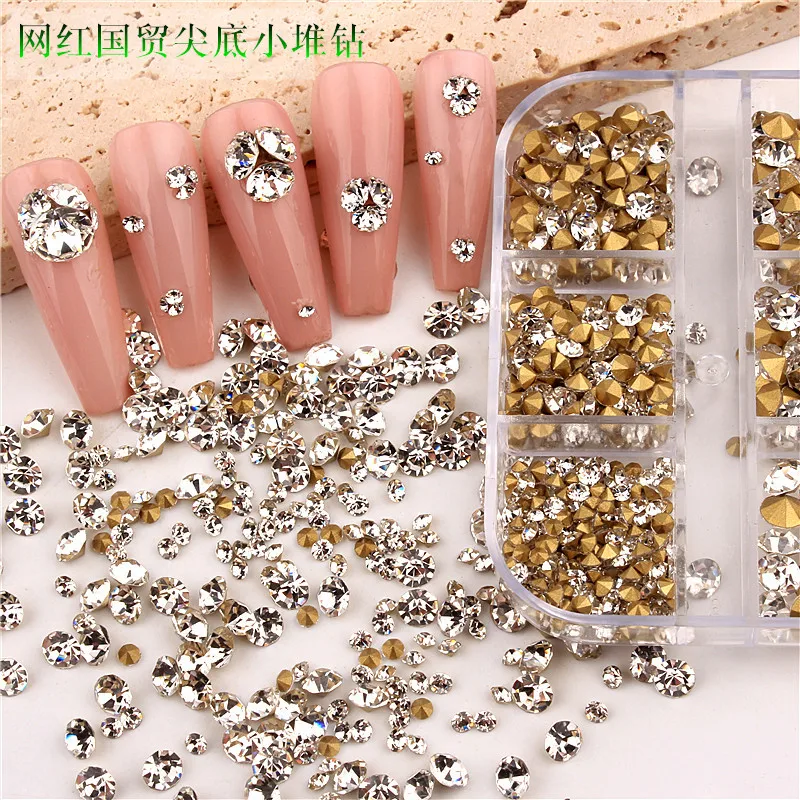 1000pcs Mix Size Nail Charms Sparkling Pointed Back Stones Crystal Nail Gems Diamond Manicure Jewelry Glass Nail Rhinestone