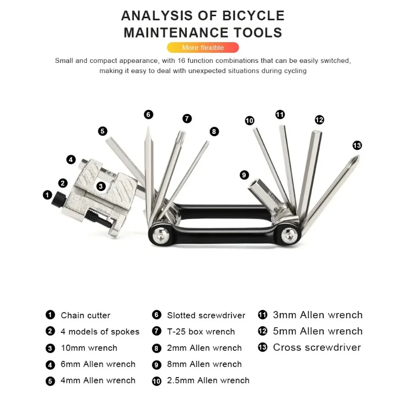 BIESUO Alat Multi Sepeda 16 In 1 Pemotong Pemisah Rantai Portabel CR-V Baja Hex Kunci Pas Allen Obeng Alat Perbaikan Sepeda