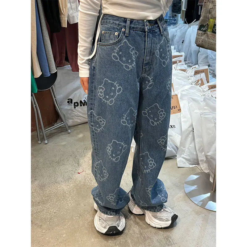 

Sweet HelloKit High Waist Straight Leg Jeans Women's Anti-Aging Print Versatile Long Pants Casual High Waist Denim Jeans