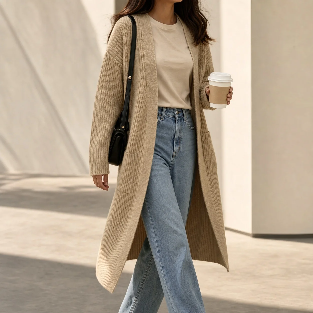 Women's Winter Clothing Long Sleeve V Neck Loose Fit Thick Solid Color Mid Long Cardigan No Button Patchwork for Women Female