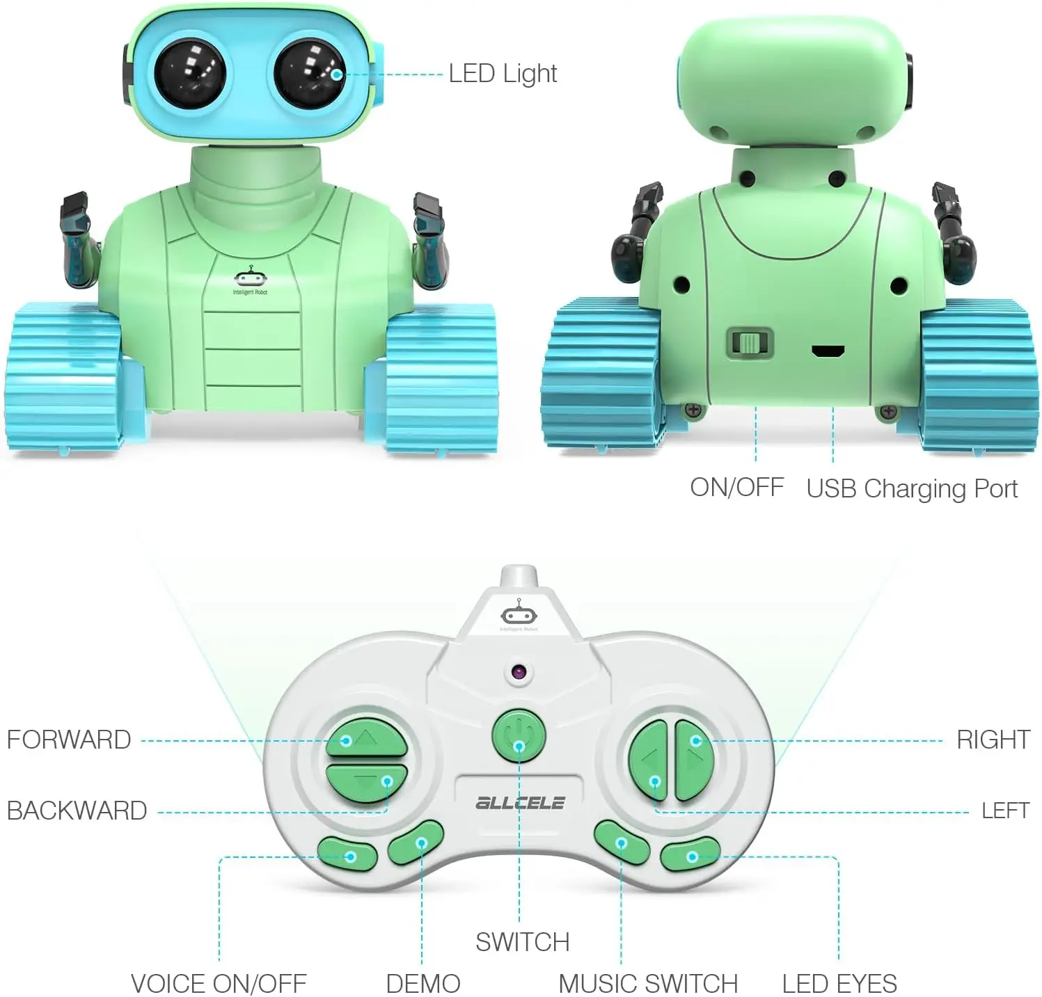 ALLCELE Robotspeelgoed, RC-robots voor kinderen, jongens, speelgoed met afstandsbediening met muziek en LED-ogen, ideaal cadeau voor kinderen - groen blauw