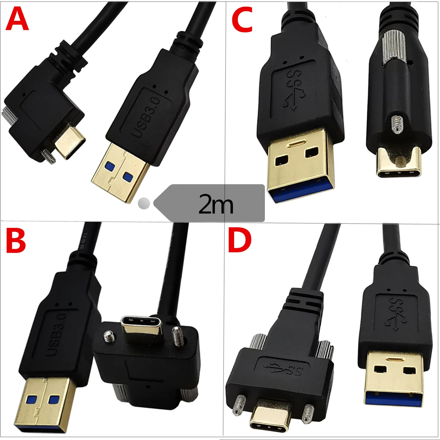 Gold-Plated USB 3.0 A Male To USB 3.1 Type C with Screws Industrial Camera Lock Flat Panel Charging Cable 30cm 1m 2m