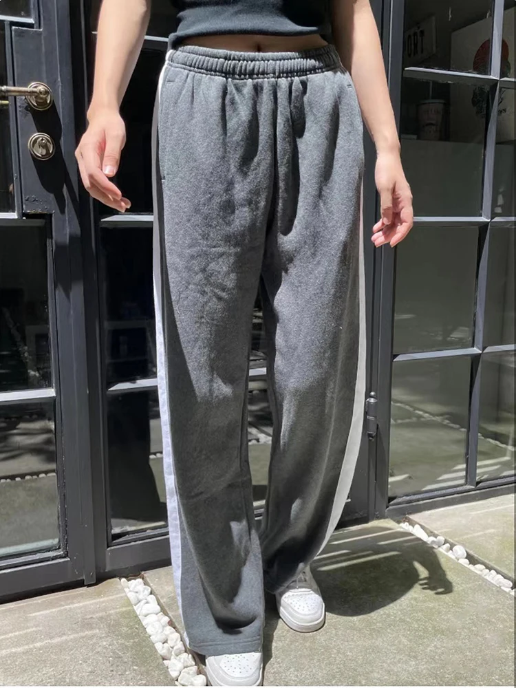 Vintage Patchwork Drawstring Sports Pants Y2k Streetwear Gray Cotton Baggy Sweatpants Harajuku Retro Casual Wide Leg Pants Chic