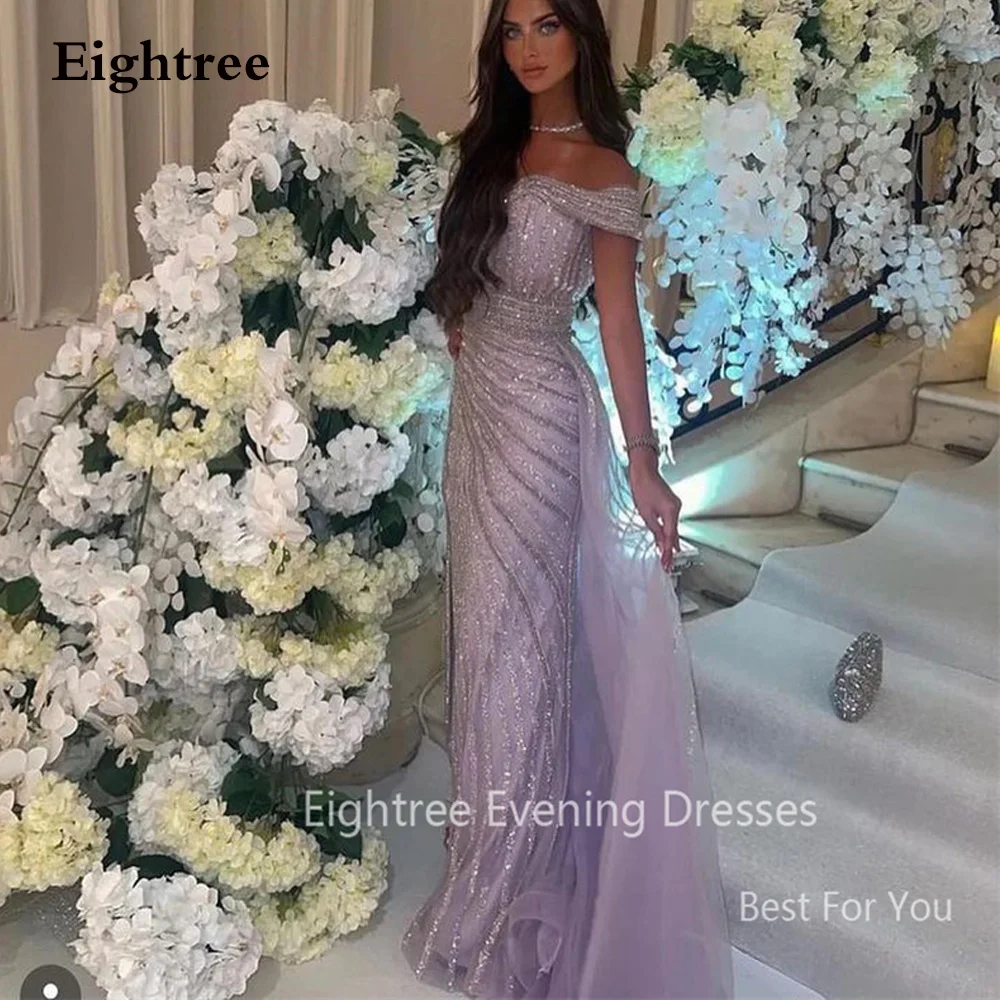 Eightree Shiny Long Mermaid Party Dresses Sequins Saudi Arabic Off Shoulder Evening Dress Purple Formal Event Gowns Celebrity