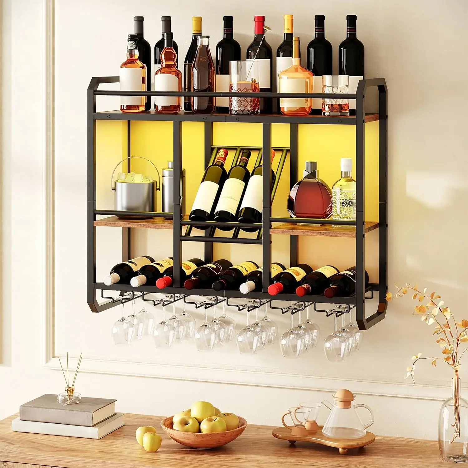 Wall Wine Rack with Stemware Holder and LED Lighting, Wall-Mounted Storage Rack