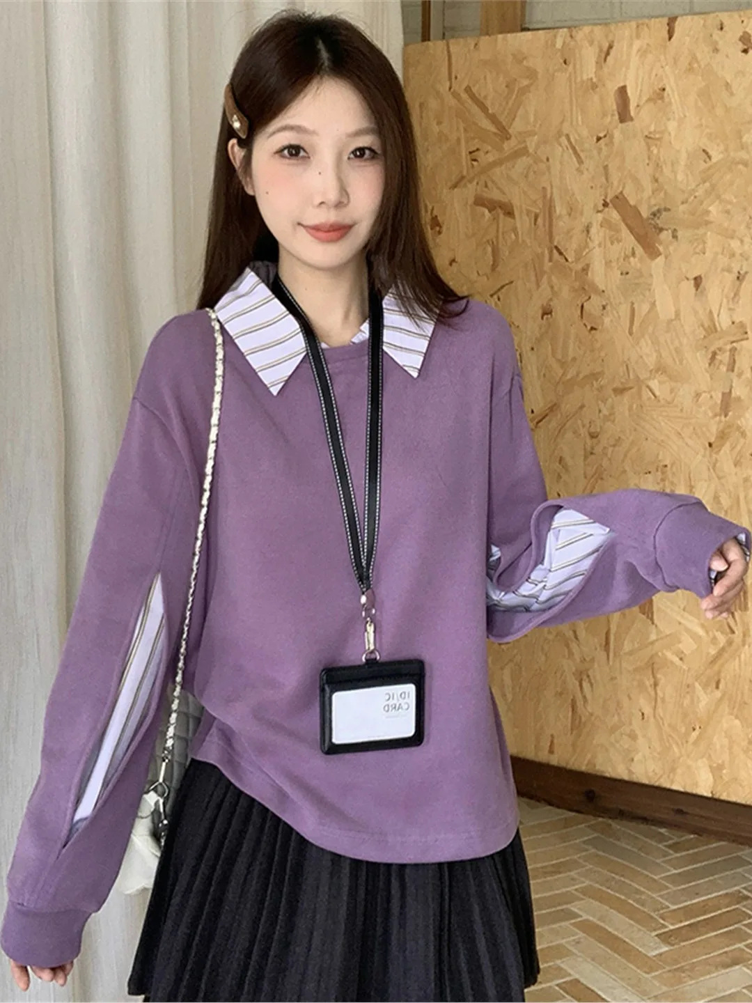 

Spring 2026 New plus Size Women's Purple Sweatirt Collar Long Sve Trendy Age-Defng Fake Two-Piece Straight Cut