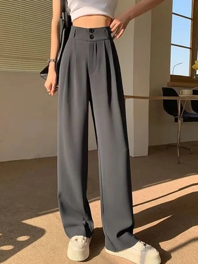 Loose Casual Elegant Straight Pant Versatile Fashion High Waisted Black Buttons Trousers Autumn Office lady Oversized Suit Pants