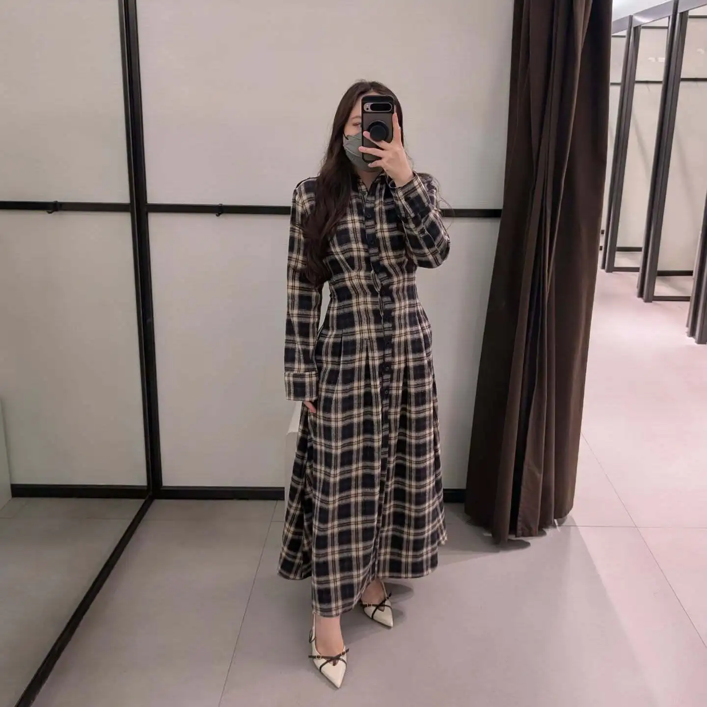 Women's Pleated Plaid Skirt Autumn Retro Casual Waist-Slimming Shirt-Style Midi Dress Lapel Long Sleeves Petticoat