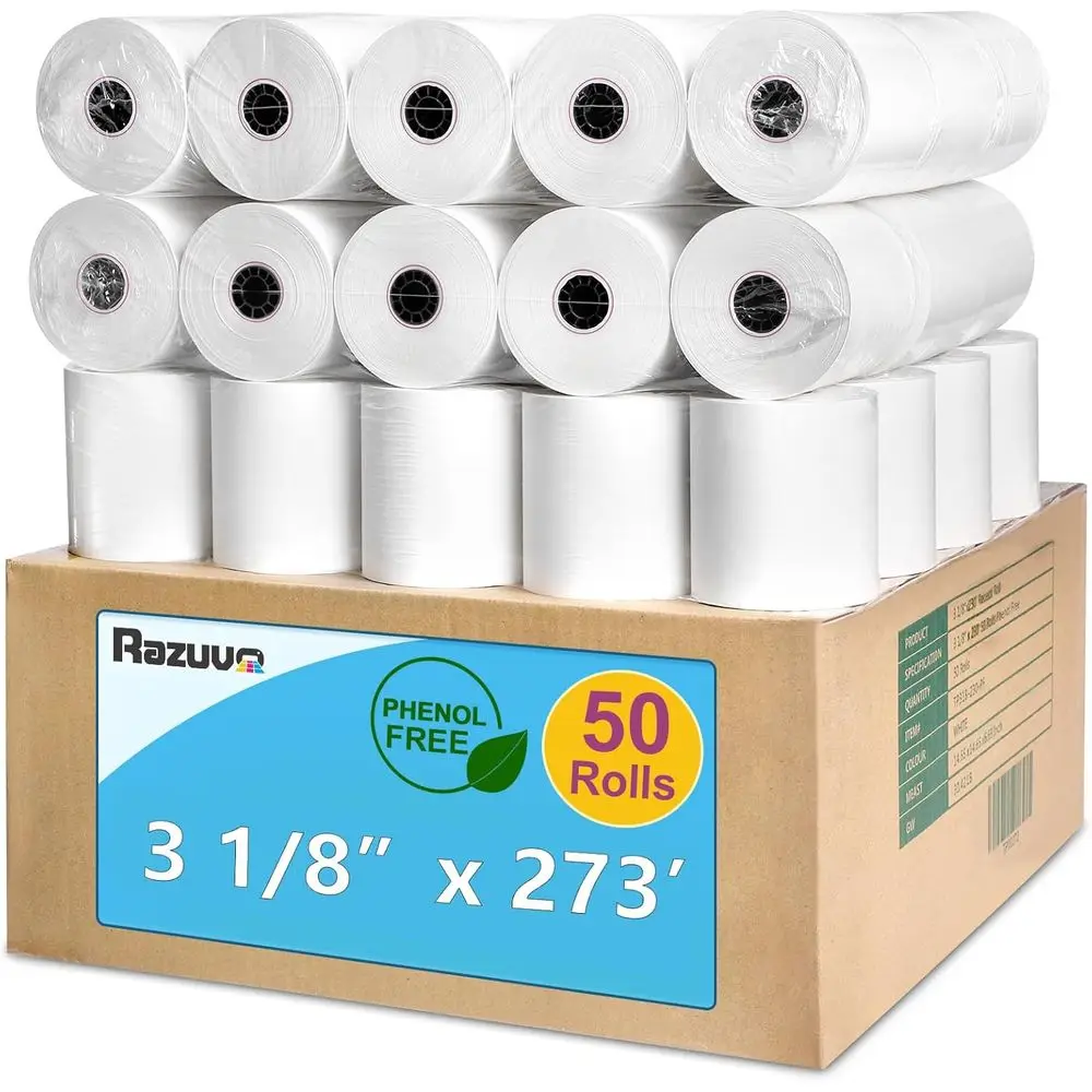 

3 1/8 Inch 273 Thermal Receipt Paper Rolls - 50 Rolls for POS Cash Registers - High-Quality German Paper