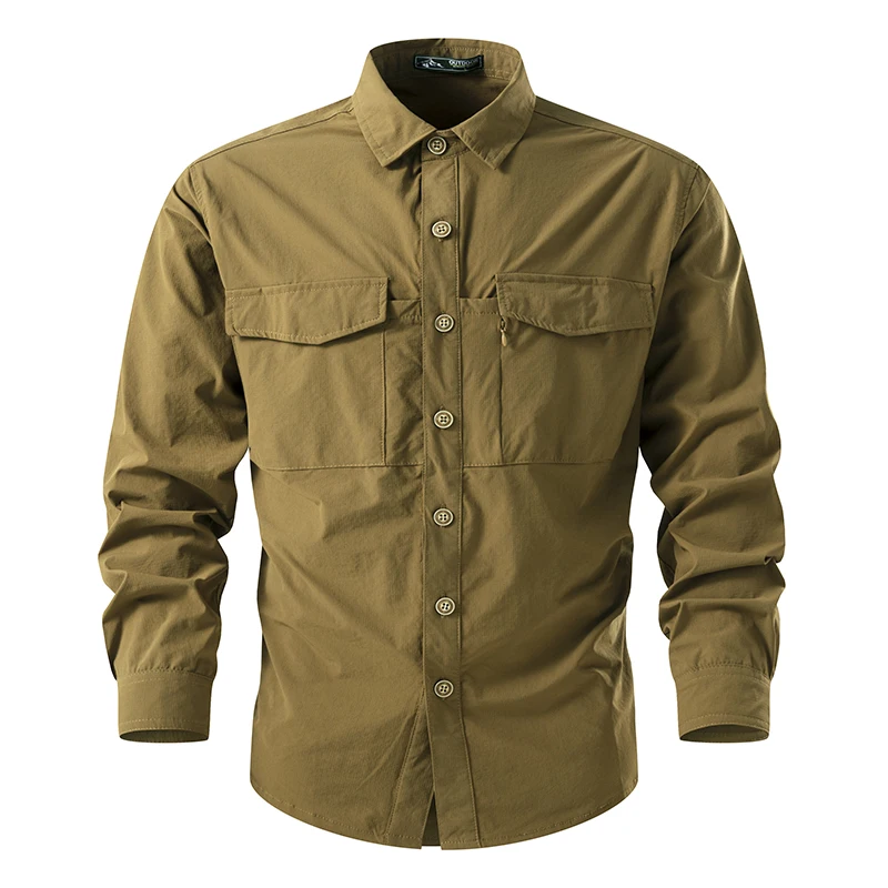 Camisa militar informal para hombre, Blusa de manga larga, color verde, a la moda, primavera y otoño, 2024