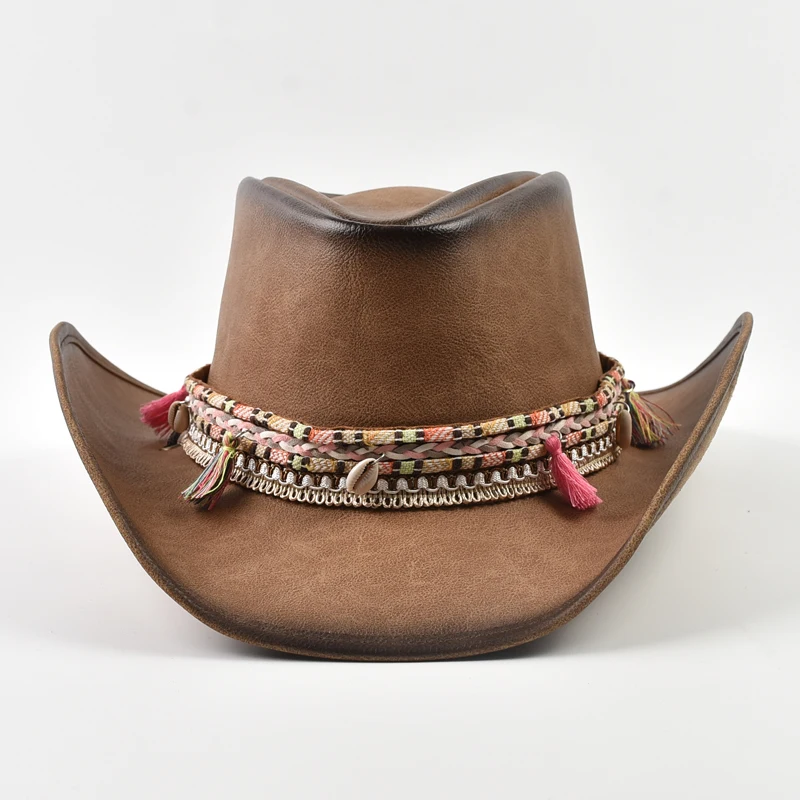 100% Leather Western Cowboy Hat Men Wide Brim Gentleman Church Jazz Cap Cowgirl Hats Sombrero Hombre