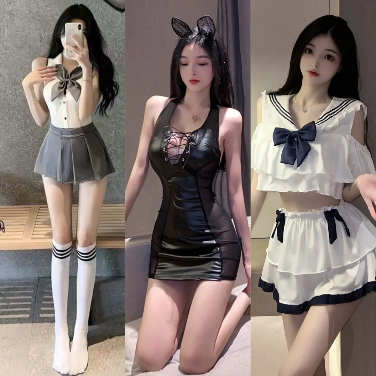 Women Sexy Lingerie Lace Underwear Low Cut Bandage Maid Dress Student Role Uniform Lace Uniform Sexy Role Play