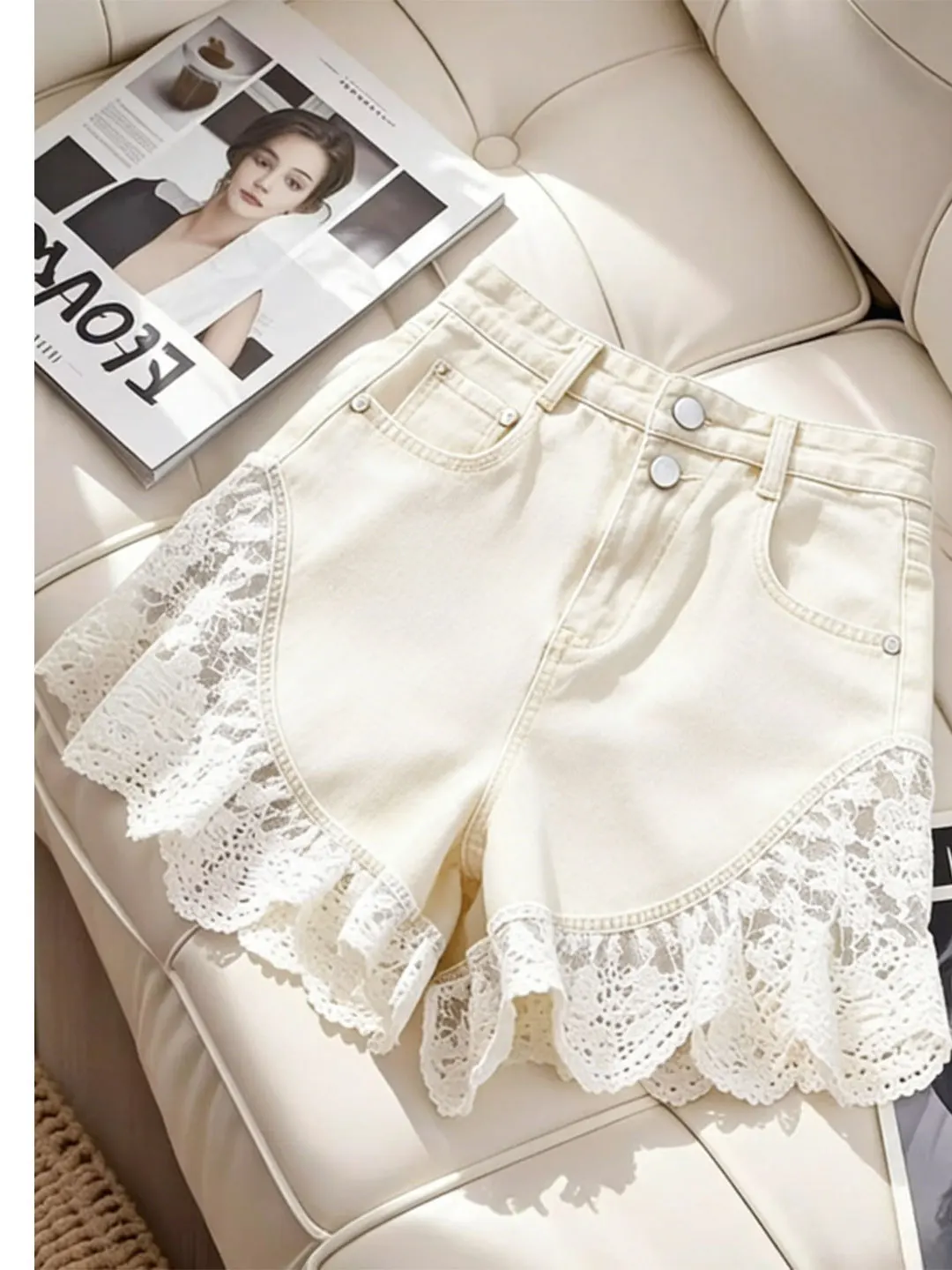High Waist Lace Splice Denim Shorts Women's Summer Sweet Flounce Slimming Versatile Hot Pants Fashionable Lady's Jeans