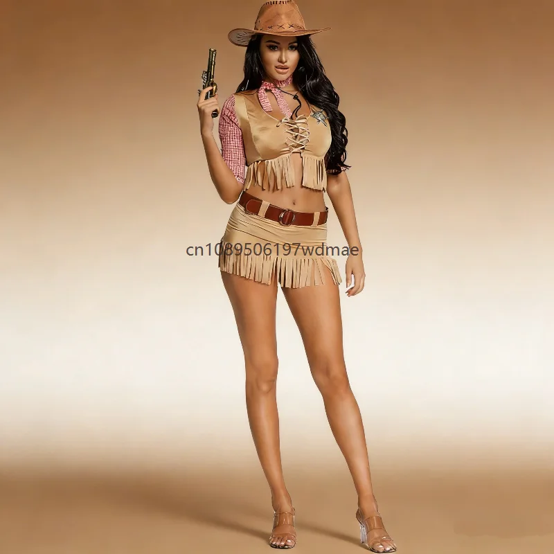 

Cool Girl Costume Adult Western Party Dress Sexy Crop Top Tassel Skrit Carnival CowGirl Cosplay Performance Outfit