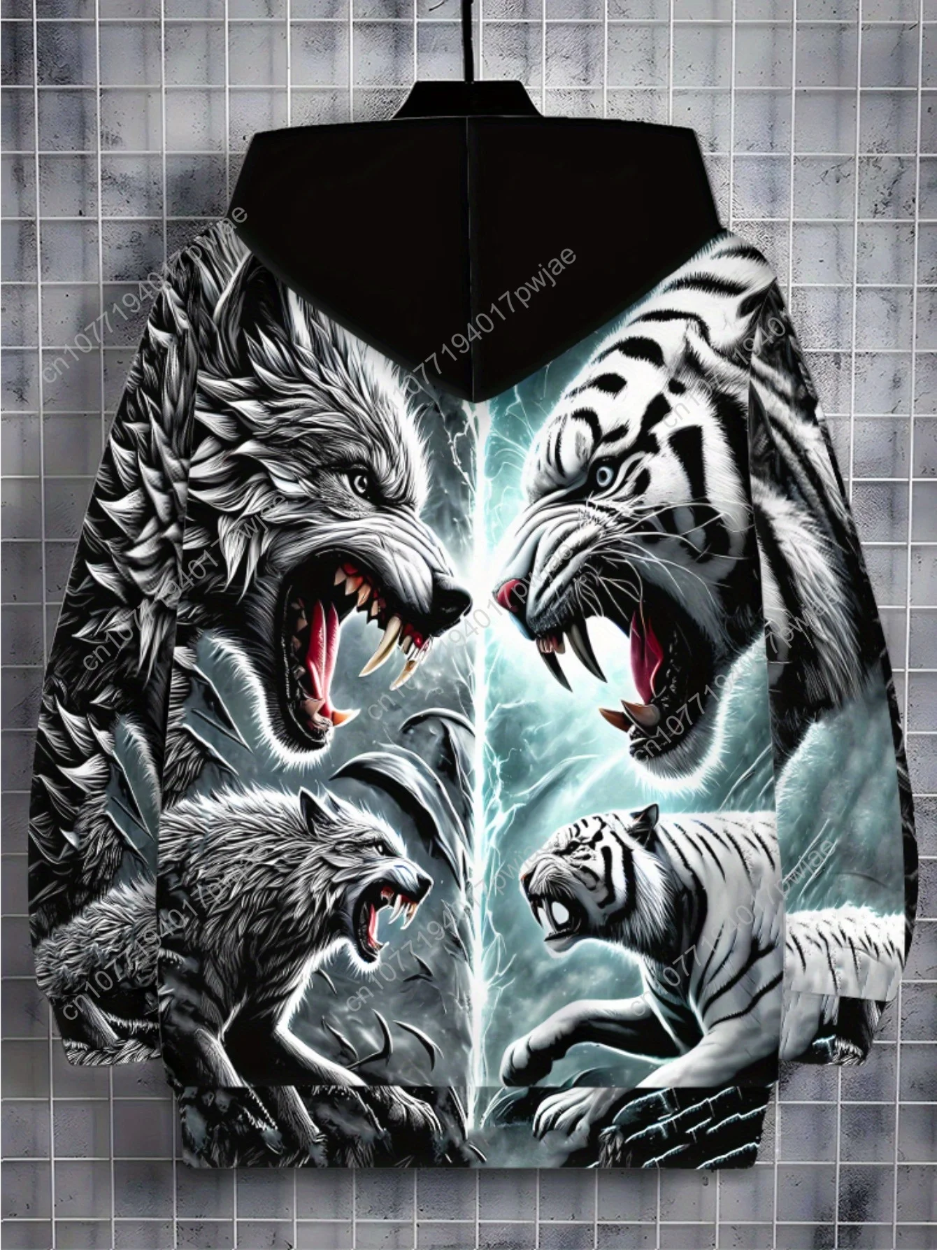 Boné masculino de manga comprida com zíper, moletom com capuz com estampa de lobo e tigre para sala de estar, tecido de poliéster macio, leve e