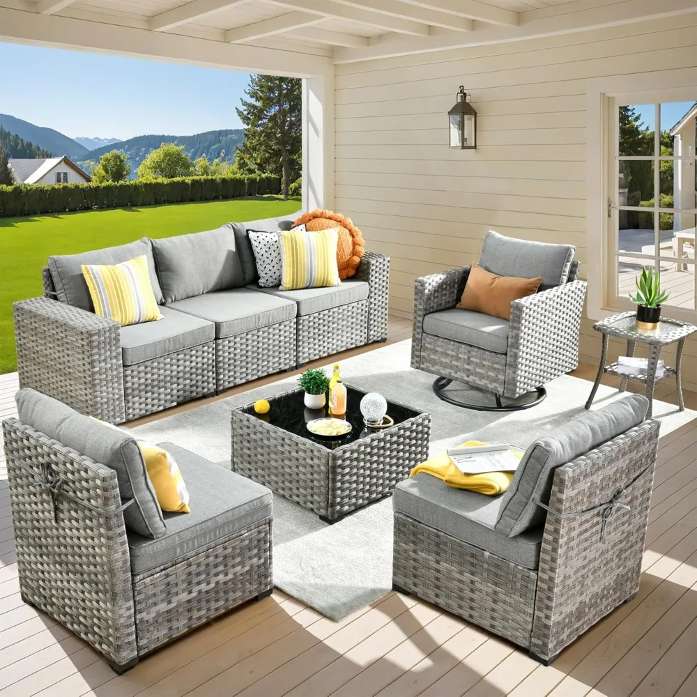 

Outdoor Sectional Sofa 8 Pieces, Sofa with Swivel Rocking Chairs, Wide Arms and Deep Seat, Wicker Rattan Patio Furniture Set