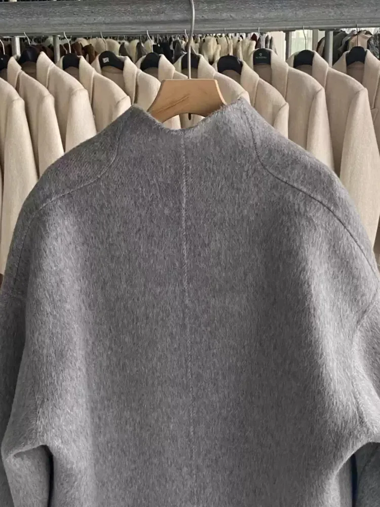 DFDG 2025 F/W معطف كشمير نسائي مخيط يدويًا بياقة مجعدة معطف طويل كبير الحجم تصميم بسيط معطف شتوي خندق #5