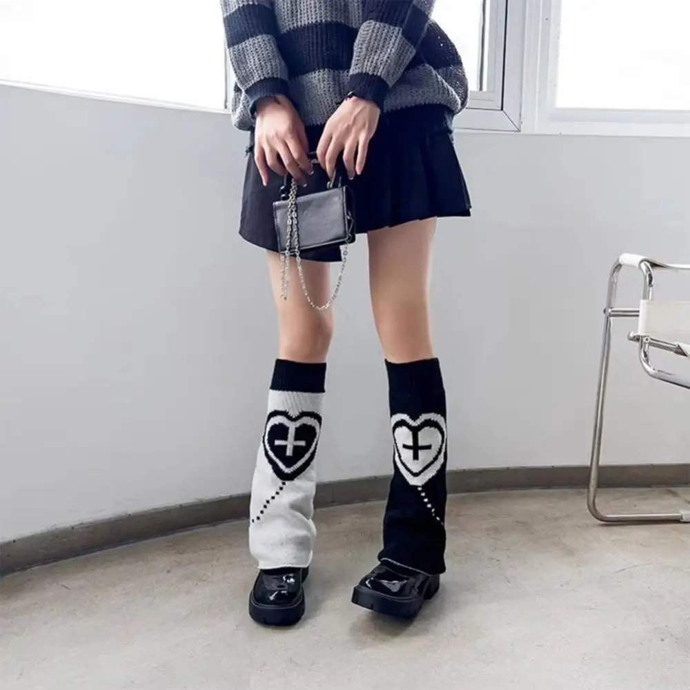 

Punk Style Leg Warmers Gothic Cross Star Pattern Knitted Socks Heart Design Loose Fit Leg Cover Socks Autumn Winter