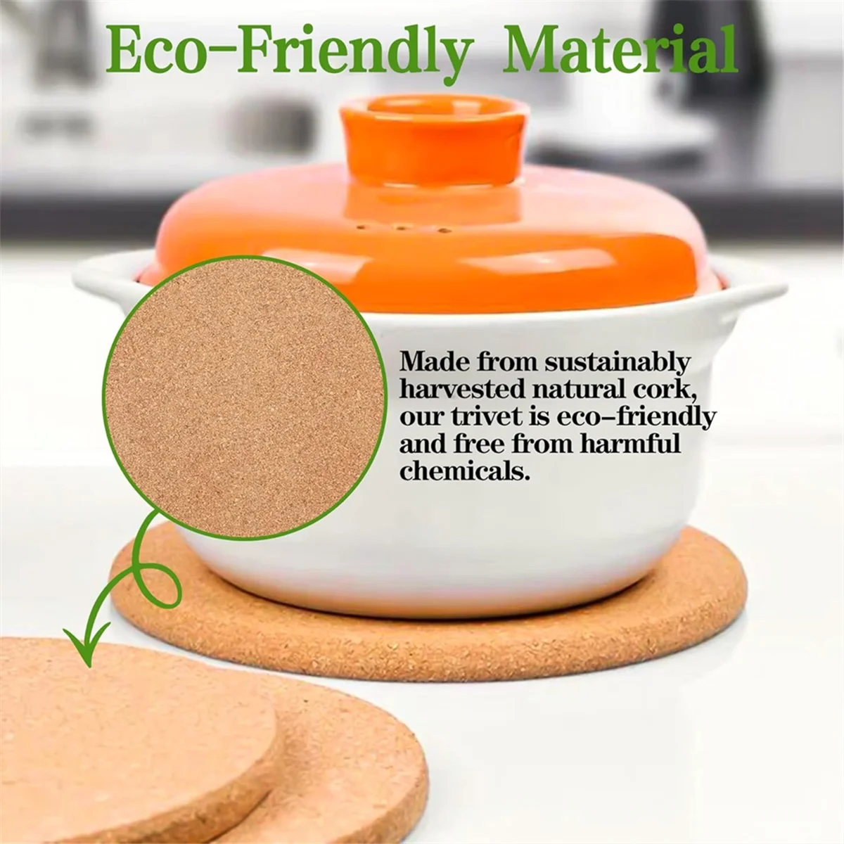 코르크 삼발이, 6팩 고밀도 두꺼운 코르크 컵 받침 세트, 뜨거운 요리용 8인치 내열성 다기능 코르크 삼발이 ST