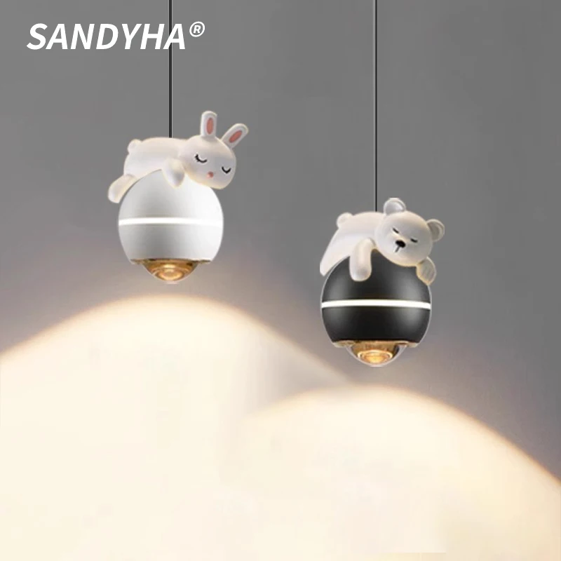 

SANDYHA Nordic Bedhead Bear Pendant Light Modern Simple Children's Rooms Bedroom Cable Adjustable Living Room Small Chandelier