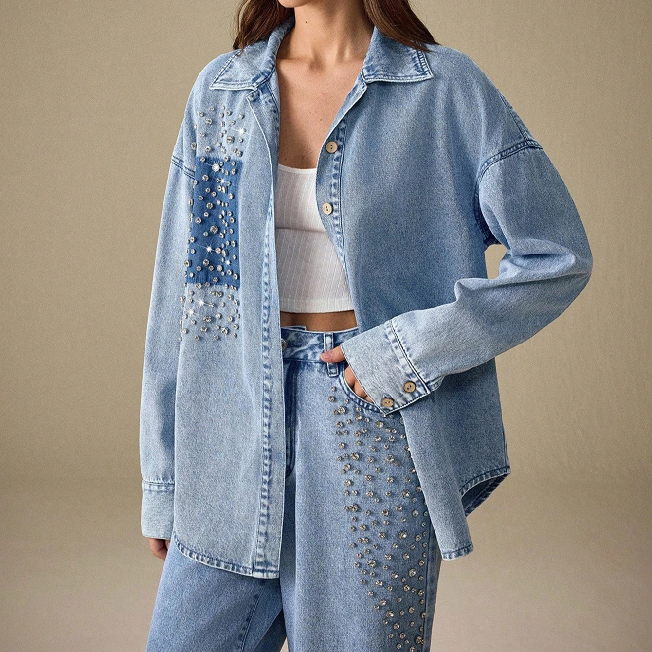 

Rhinestone Denim Shirt Women's Washed Oversized Button Down Top Casual Chic Outerwear