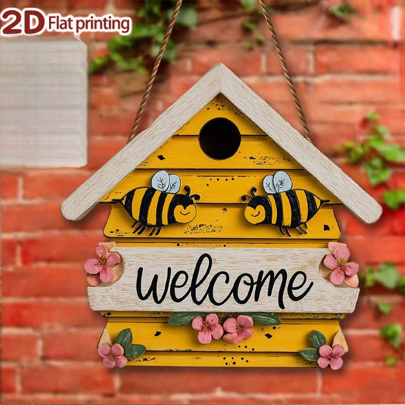 2D Flat Bee-Themed Yellow Birdhouse Wall Decor-Country Style Outdoor, Suitable for Birthday Parties, Holidays,Hive with Bee Embe