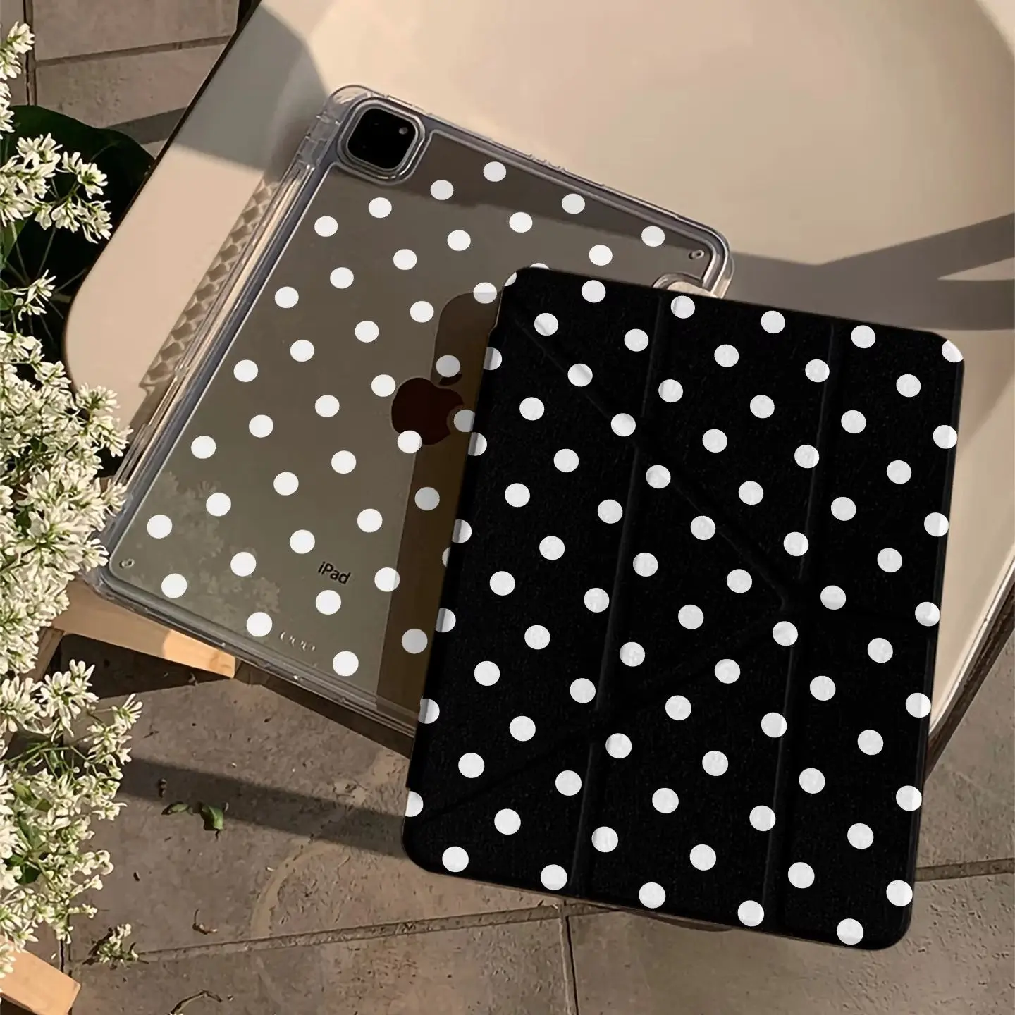 White Polka Dot Black Tablet Case For iPad Pro 11 12.9 13 A16 M2 M4 M3 M5 Shell 10.2 5/6/7/8/9/10/11th Mini Air 3 4 5 6 Cover