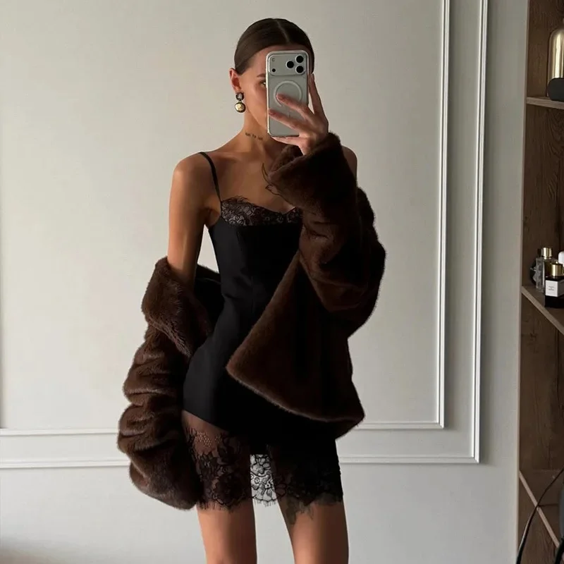 2026 Women Solid Lace Trim Cami Mini Dress Slim Bodycon Spaghetti Strap Short Dress Sexy Figure Flattering Party Ladies Fashion