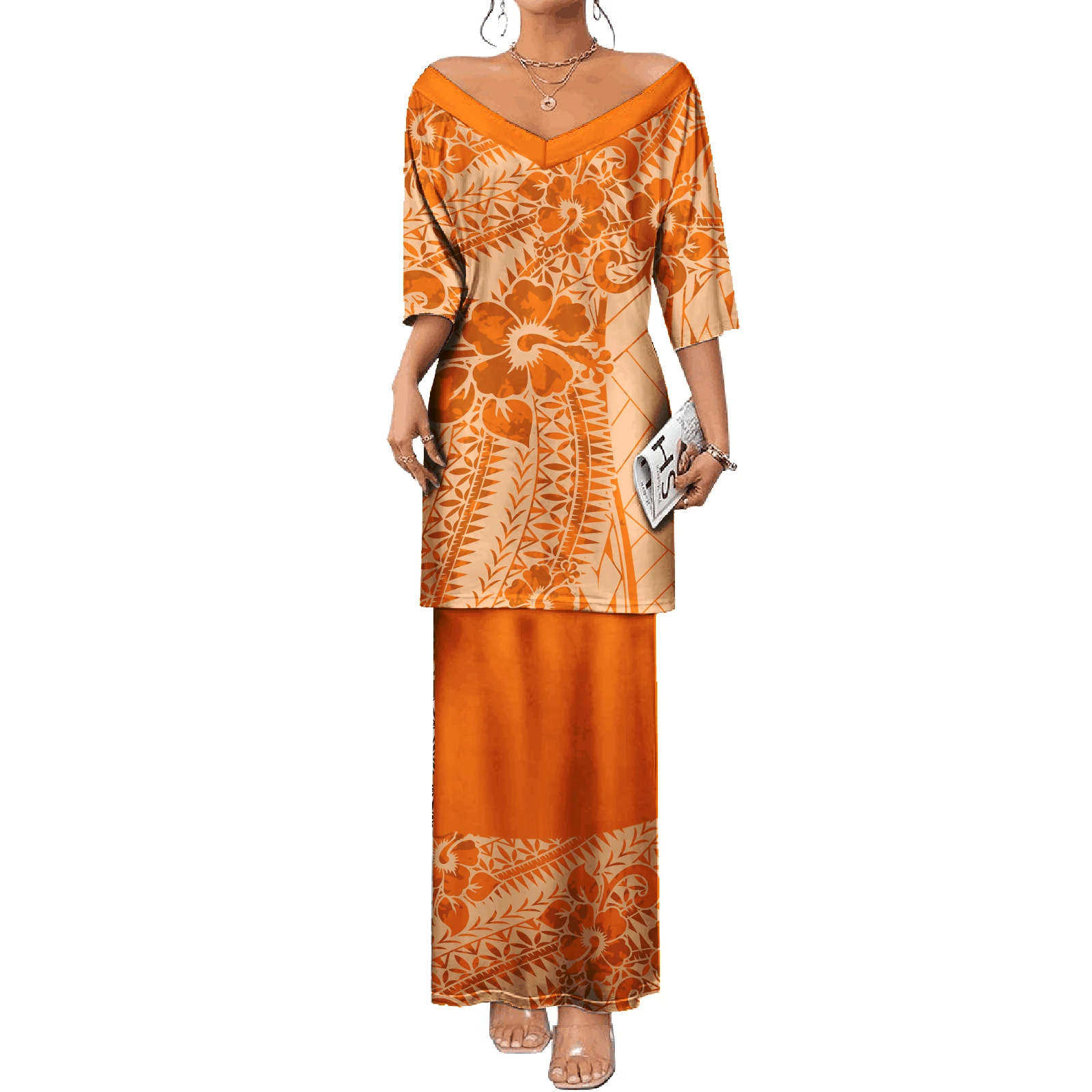 Puletasi Suit Ladies Polynesian Big V-Neck Midi Sleeve Plumeria Print Tribal Design Samoan Puletasi for Women's Island Clothing