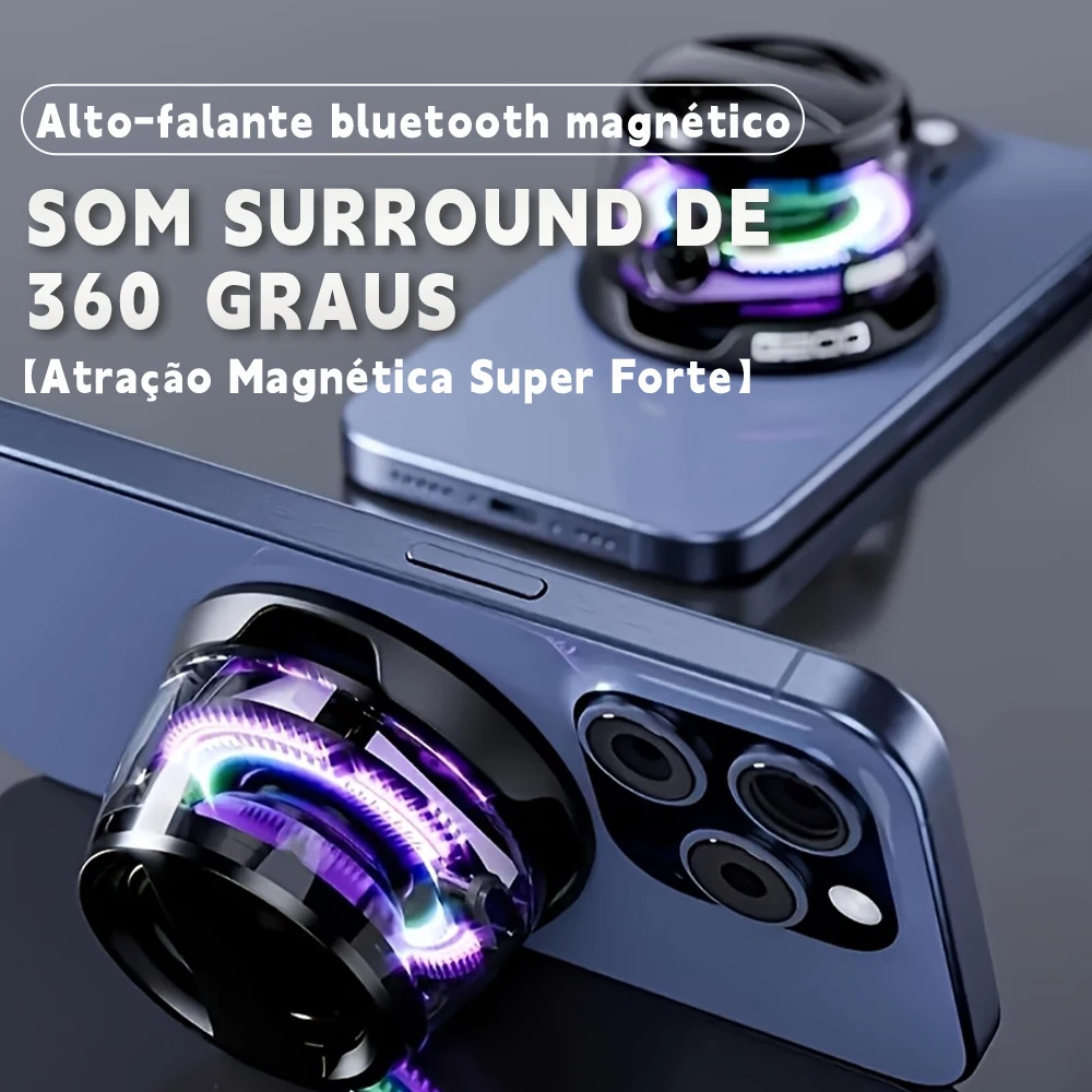 Mini Caixa de Som Bluetooth com Imã e LED RGB, Resistente à Água, Compacta e Leve para Viagem e Uso Externo