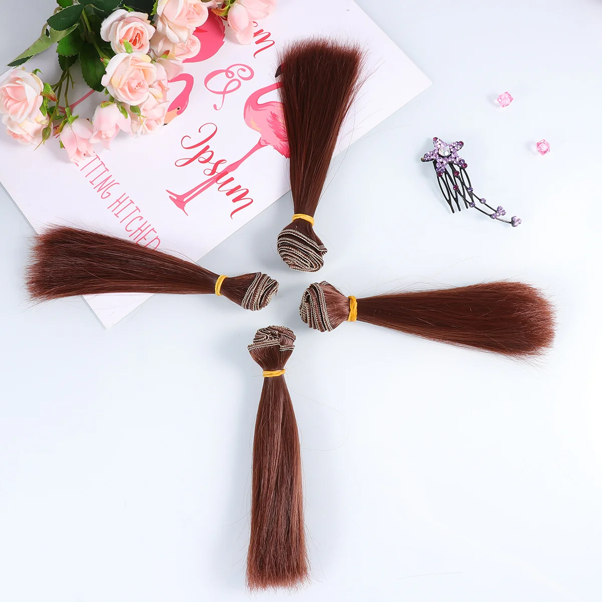 5 Pcs 15cm Heat Resistant Straight Hair Handcraft DIY Wigs Weft Hair Extensions (Wheat) diy straight hair