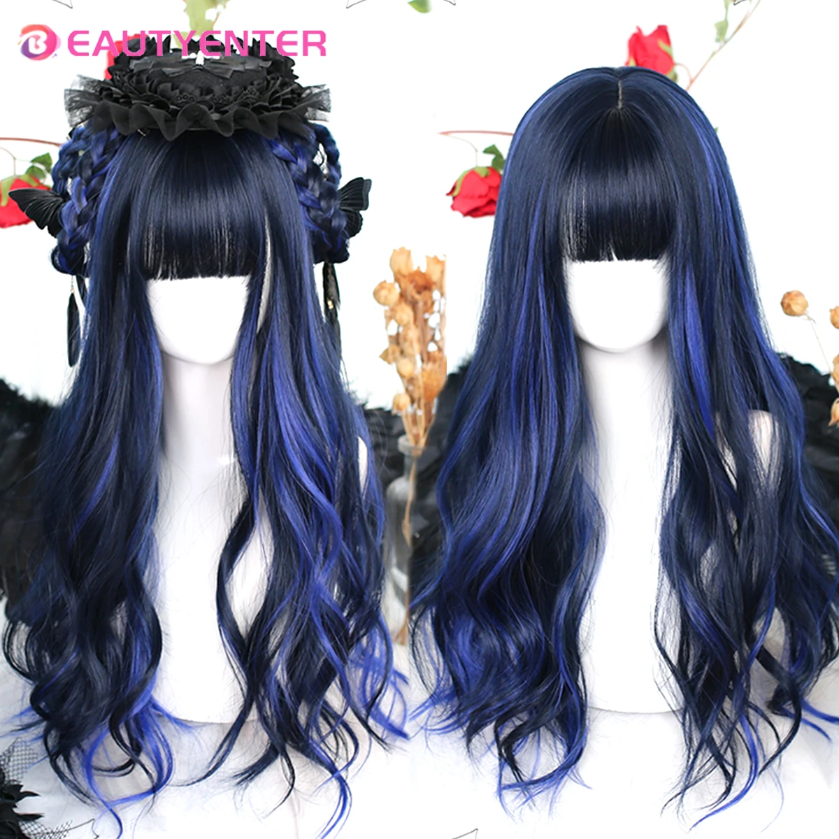 Synthetic wig Lolita wig Blue highlight black large wave curls Natural long hair curls For Cosplay With Bangs