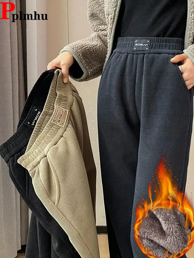 Winter Warm Thicken Lambswool Straight Pants Women Casual Elastic High Waist Fleece lined Wide Leg Pantalones Chic Baggy Calca