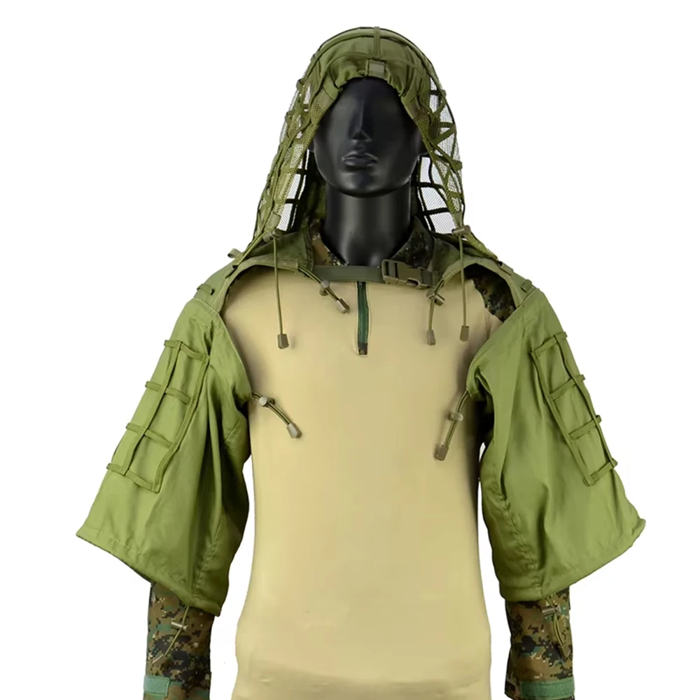 Tactical Ghillie Hood Breathable Mesh Green Hood MOLLE-Compatible Ghillie Suit Base Layer Hood