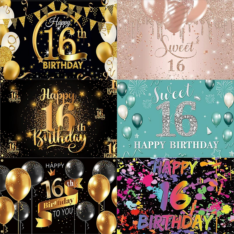 Party Wall Background Photography Backdrop Boy Girl Banner Custom Golden Photo Happy 16th Birthday The Breath of Youth Balloon