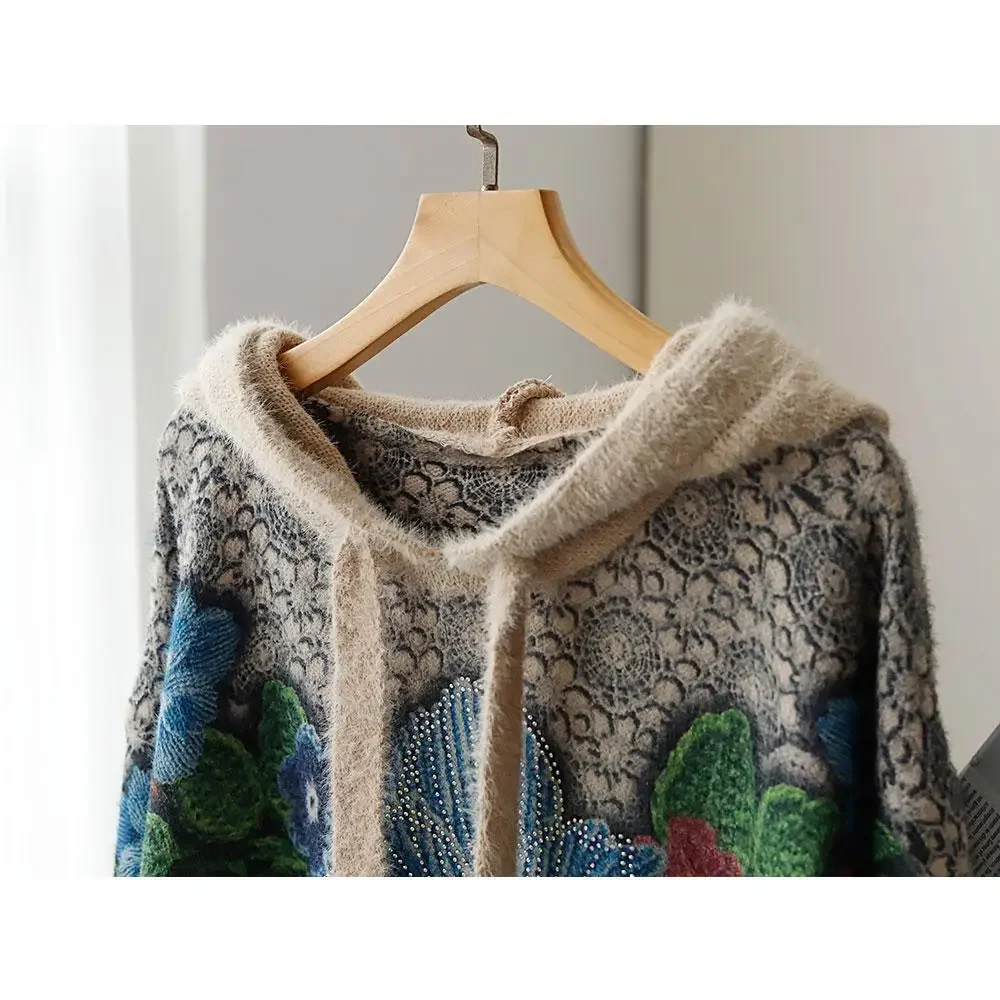 DIMANAF Plus Size Winter Sweaters Oversize Women Sweaters Pullover Full Sleeve Hat Knitting Loose Pattern Printing Sweater