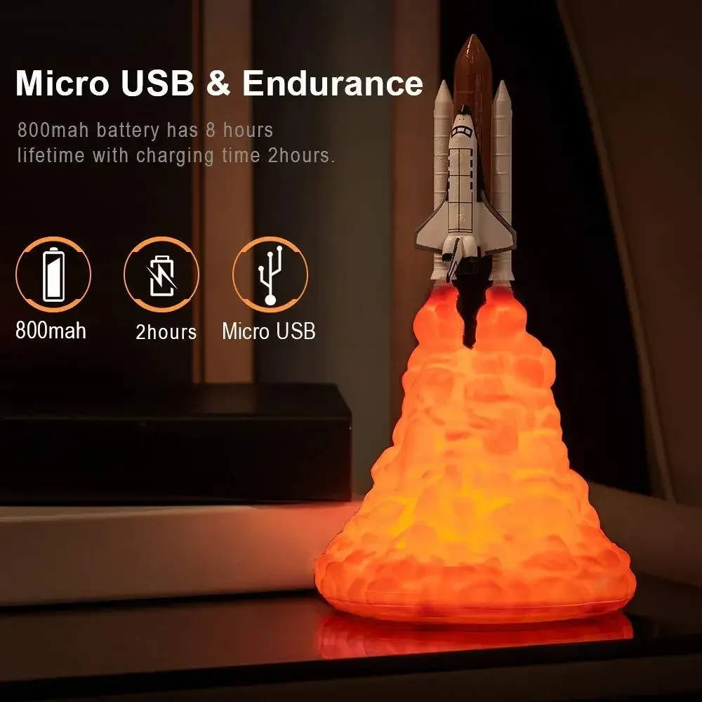 3D Print LED Space Shuttle Rocket Night Light, USB recarregável, lâmpada de mesa para Natal e aniversário, presente infantil