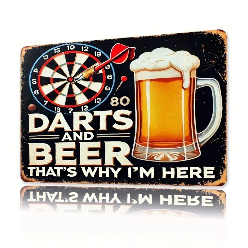 2D Flat Sign/darts and Beer/ Tin Sign- Rectangular Wall Art, Durabl, Perfect for Home, Office, Bar, Cafe, Indoor/Outdoor Decor