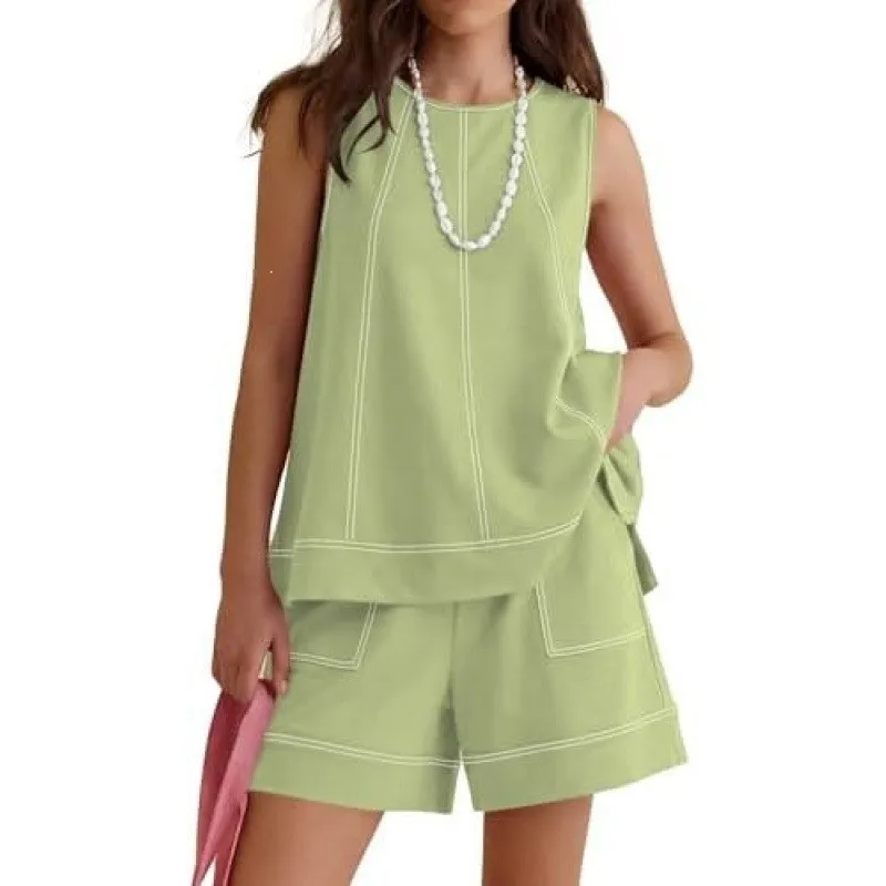 Spring Summer Women Two-Piece Shorts Set Summer Round Neck Sleeveless Vest with Drawstring Elastic Waist and Pockets Sets