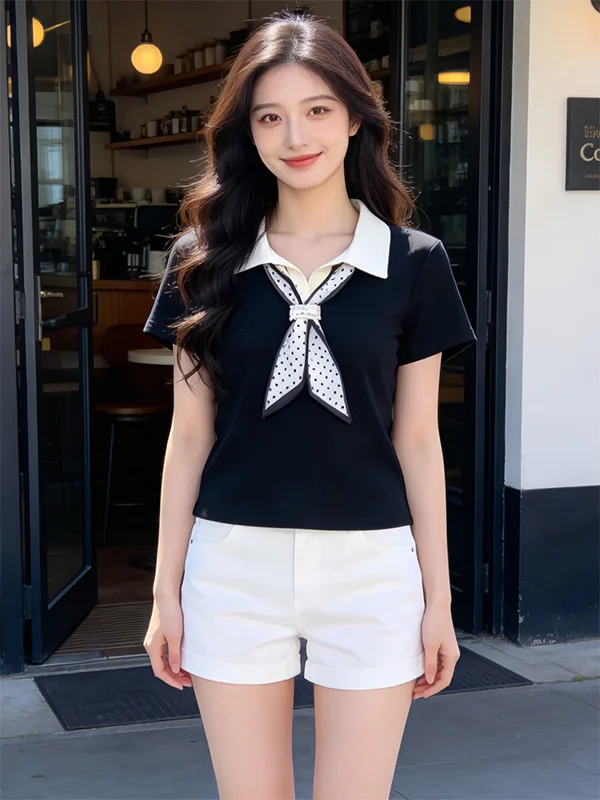 

Summer Polka Dot Scarf Short Sleeve T-Shirt Women's Slim Fit Color Block Shirt Top Korean Style Cotton High Waist Short ...