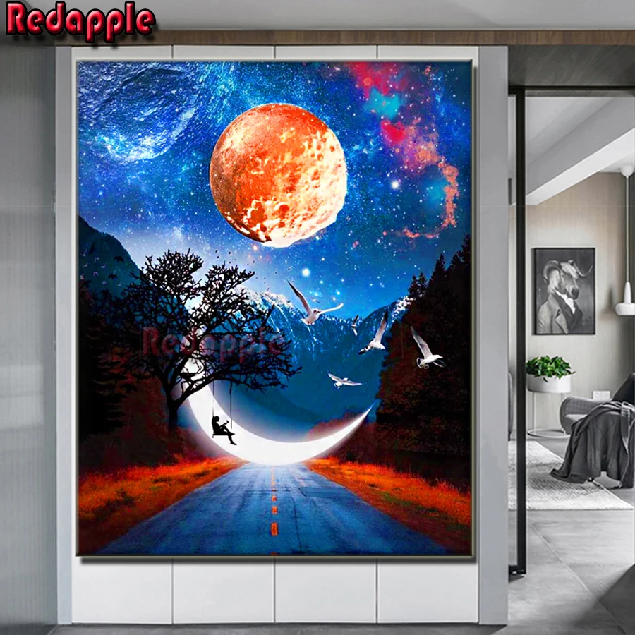 Full Diamond Mosaic Painting, Abstract Planet, Starry Sky, Moon Landscape, Square and Round Rhinestones Pictures, DIY Home Decor