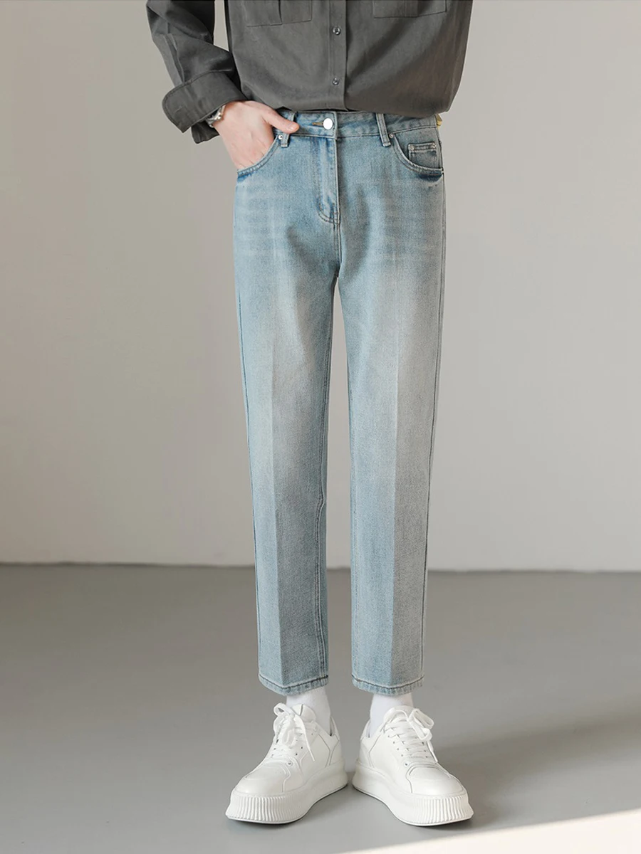 

Мужские джинсы Slim Fit прямого кроя, повседневные, универсальные, свободные леггинсы в корейском стиле, брюки 7/8, молодежные, популярные, летние