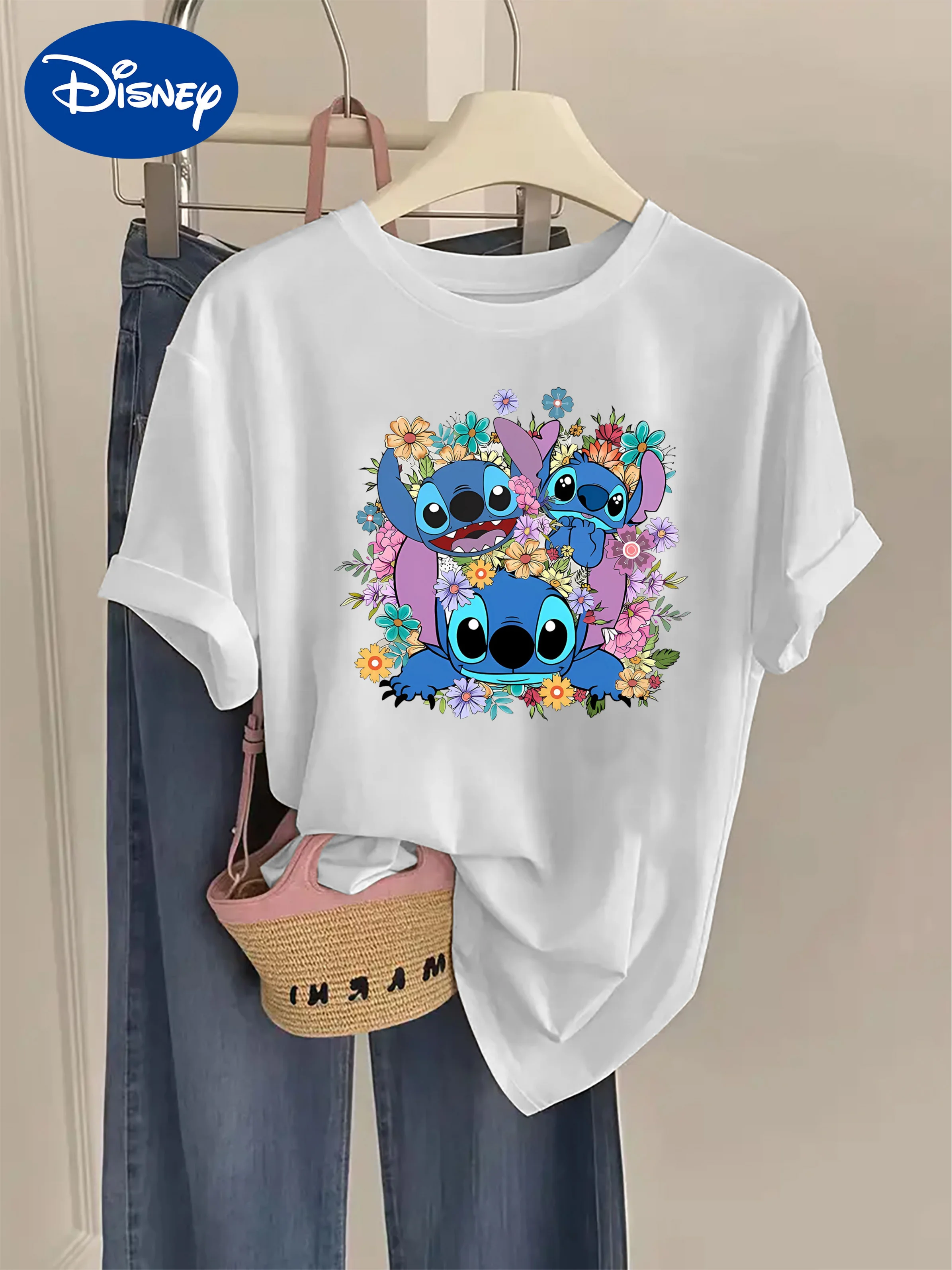 

2025 Disney Pattern Printed Women's Casual Comfortable Unique Smiling Face Black Round Neck Short Sleeve T-shirt