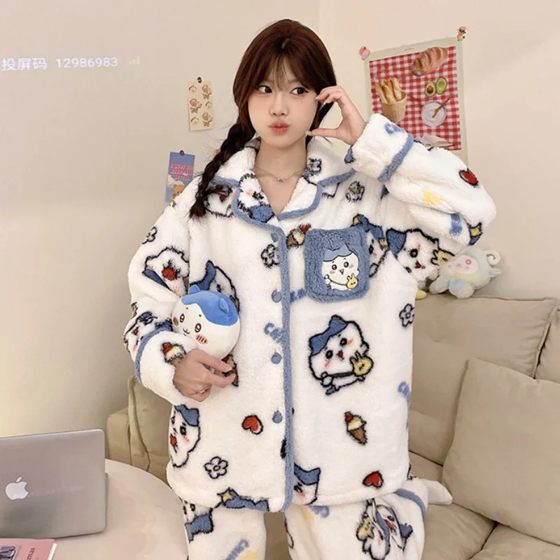 2024 Winter New Chikawa Flannel Warm Pajamas Hachiware Cartoon Print Anime Kawaii Thickened Lapel Cardigan Womens Home Clothes