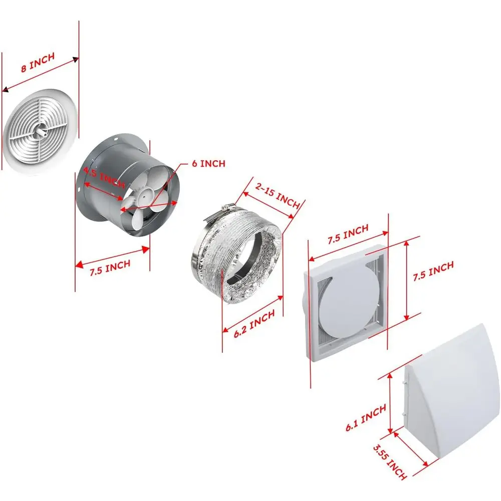 6-Inch 512M Wall Exhaust Fan, 80 CFM, 4.0 Sones, Bathroom & Kitchen Ventilation System