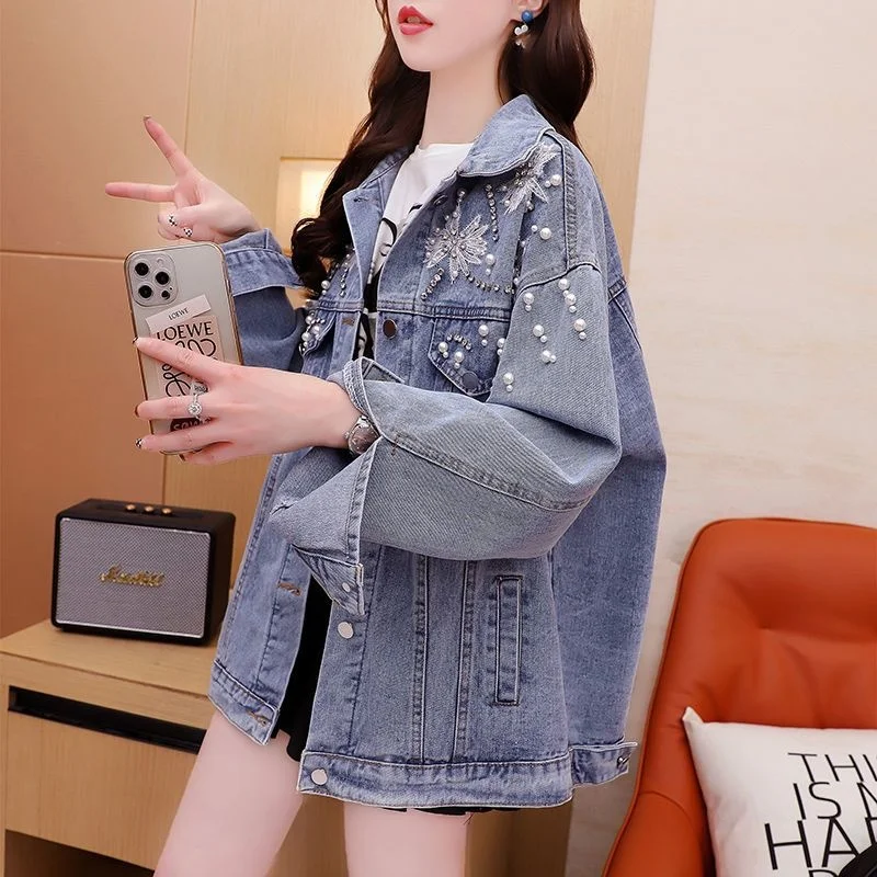 2024 Spring Autumn Jeans Jackets Women Korean Rhinestones Embroideried 3D Flowers Outerwear Female Causal Womens Demin Coats