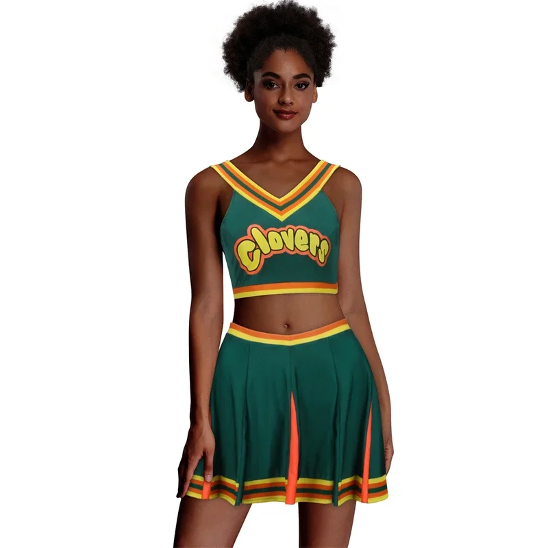 

Bring it On Cheerleader Uniform Kids Adult Dark Green Clovers Printed Cheerleader Outfits Fancy Dress Tank Top Mini Skirt
