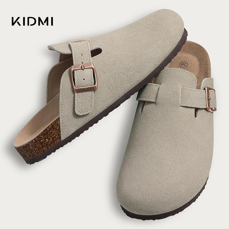 Kidmi-zuecos de gamuza para hombre y mujer, zapatillas de cuero con plantilla de corcho a la moda, pantuflas clásicas de Casa suaves y antideslizantes, novedad